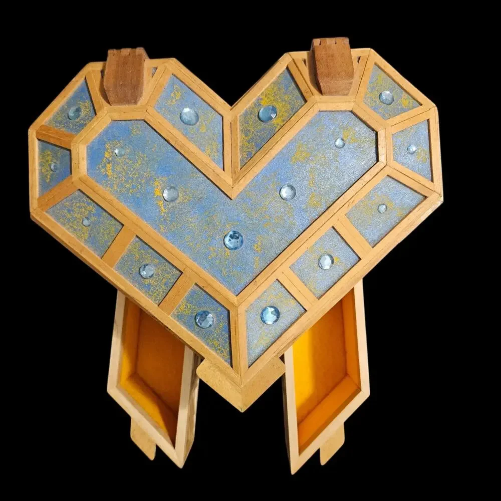 Handcrafted Indian Heart Shaped Wooden Jewelry Box Blue Inlay Folk Art